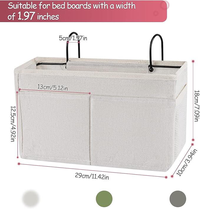 Frjjthchy Bedside Caddy Hanging Storage with Water Bottle Holder for Bunk Bed Hospital Bed Dorm Rooms (White)