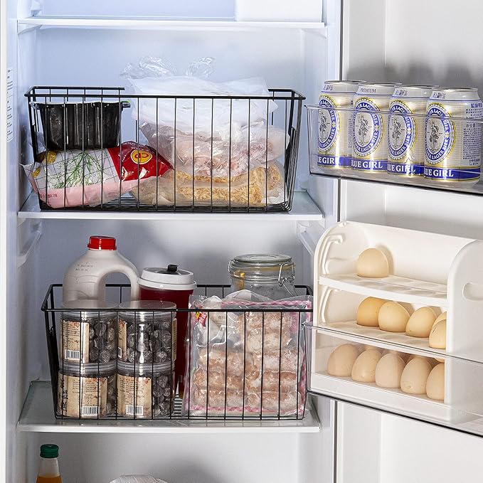 4 Pack Freezer Organizer Bins - Stand up Freezer Organizers for 16 Cu.Ft Upright Freezer, Easily Get Food Improve Air Circulation, Wire Storage Baskets, Black