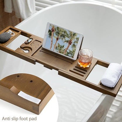 Realgulf Bamboo Bathtub Tray Caddy - Splash-Proof Adjustable (28.5-40") with Wine Holder, Tablet Stand & Non-Slip Grip | Spa-Grade Organizer for Bath Essentials & Reading- Walnut