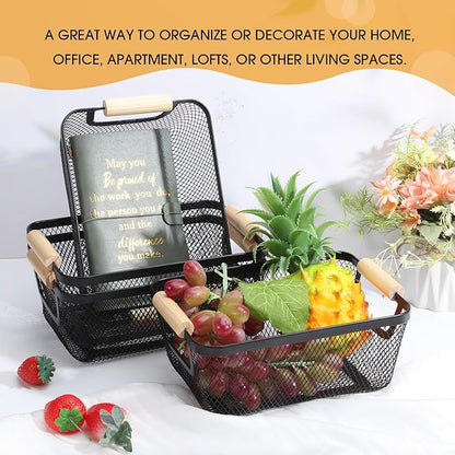 4 Pcs Metal Wire Basket with Wooden Handles Mesh Steel Storage Organizer Bin Containers for Home Organizing Cabinet Pantry Closet Kitchen Fridge Fruit Makeup Snacks Gifts(Small,Black)