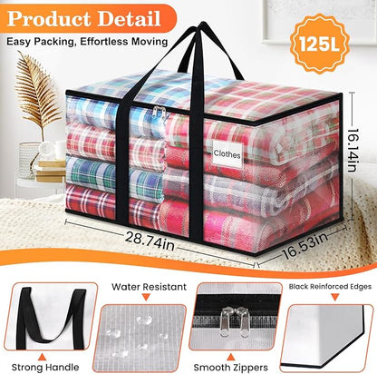 Extra Large Heavy Duty Moving Bags, Storage Bags with Strong Zippers & Handles, Packing Bags for Moving Essentials, Ideal Storage Tote for Home, Dorm & Storage Solutions, 125L 6 Packs Clear