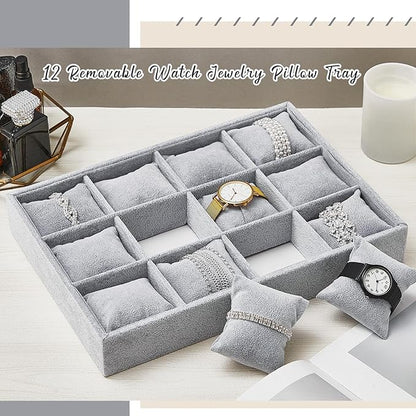 Henoyso 2 Pieces 12 Grid Velvet Watch Tray Jewelry Organizer Stackable Watch Bracelet Bangle Display Holder Adjustable Pillow (Gray)