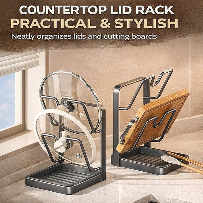 Kitchen Pot Lid Storage Rack with Tray, Multifunctional Kitchen Pot Lid Holder While Cooking, Rust-Resistant Pot Lid Organizer Rack for Counter, Pans & Lids, Prevent Messes, Space-Saving (StyleA)