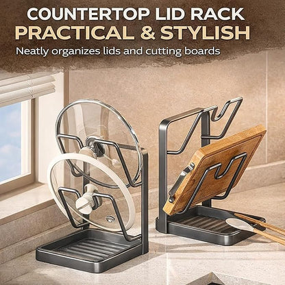 Kitchen Pot Lid Storage Rack with Tray, Multifunctional Kitchen Pot Lid Holder While Cooking, Rust-Resistant Pot Lid Organizer Rack for Counter, Pans & Lids, Prevent Messes, Space-Saving (StyleA)