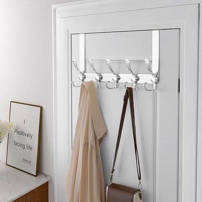 Dseap Over Door Hook 2.0 - Upgraded Version - Simple-Assembly, Strong, Heavy-Duty Stainless Steel 5-Tri-Hook Over The Door Hanger Rack, SimpleStrong Series, Chromed, Pack of 2
