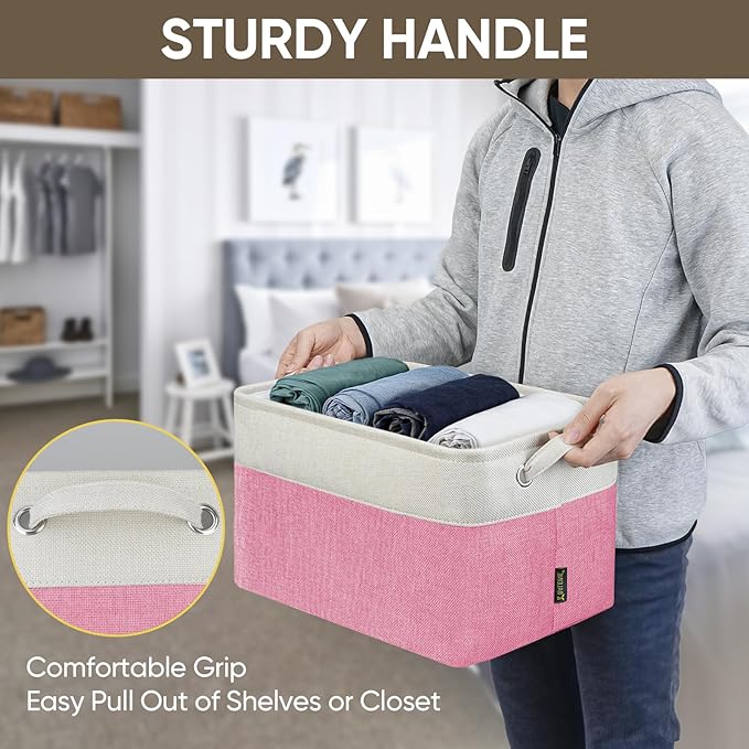 BALEINE 1 Pack Fabric Storage Bins for Shelves, Linen Storage Baskets for Organizing, Decorative Closet Bins for Clothes, Home (Pink, 15''x11''x9.5'')