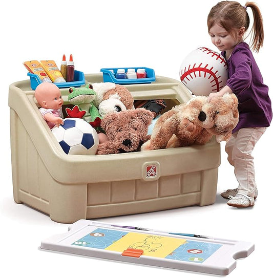 Step2 2-in-1 Toy Box & Art Lid, Kids Toy Storage Bin & Organizer, Easel & Chest in One, Made of Durable Plastic, For Toddlers 2+ Years Old, Tan
