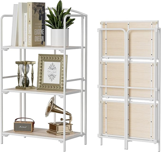 Crofy No Assembly Folding Bookshelf for Living Room, 3 Tier White Collapsible Book Shelf for Home Office, Portable Bookcase Storage Organizer