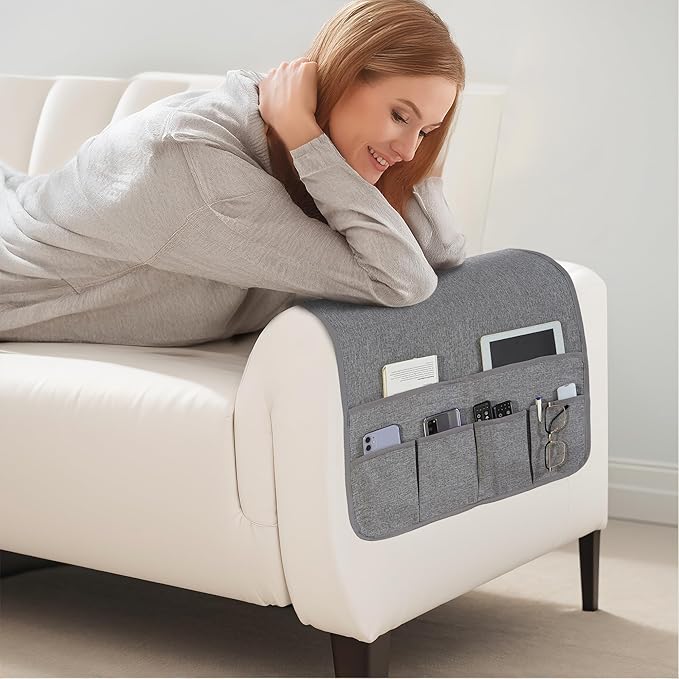 luckyjoyreal Faux Linen Armchair Caddy for Couch Remote Control Holder Non-slip Sofa Armset Organizer Caddy Storage for Recliner Couch 6 Pocket for Magazine 35"x19.5" Grey Linen 1 Piece