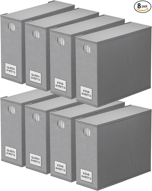 SpaceAid 8 Pack Bed Sheet Organizers and Storage, Foldable Sheet Organizer for Linen Closet, Sheets Set Folder Keeper with Window XL (Queen & King Size) Bedding Container (Gray, 8 Pack)