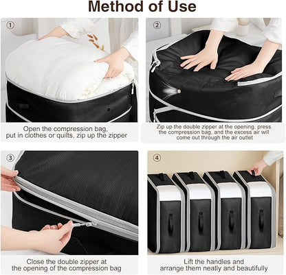 Homsorout 4 Pack Compression Storage Bags - 110L Large Capacity Comforter Storage Bag, 3-Layer Washable Ultra Space Saving Self Compression Organizer Space Bags for Blanket, Sweater, Sheet, Black