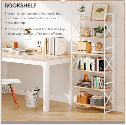 4NM 6 Tiers No Assembly Book Shelves, 61.8" H Folding Bookshelf Bookcase Open Industrial Foldable Shelves for Bedroom, Living Room, Home Office - Natural White