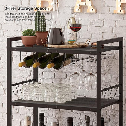 TUTOTAK Bar Cart - Serving Cart for Home - Microwave Cart, Drink Cart, Mobile Kitchen Shelf with Wine Rack and Glass Holder, Rolling Beverage Cart BC01BK030