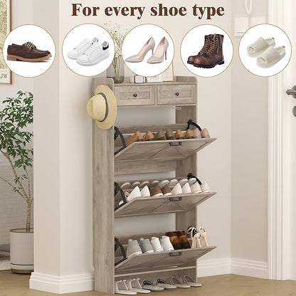 Shoe Cabinet with 3 Flip Drawers & 2 Storage Drawers, Rustic Farmhouse Narrow Shoe Organizer Cabinet, Slim Shoe Rack Cabinet, Shoe Storage Cabinet for Entryway, Hallway, Front Door