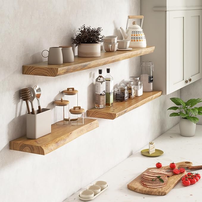 Live Edge Elm Floating Shelves for Wall Decor, Rustic Solid Wood Shevles Wall Mounted with Invisible Bracket for Living Room Bathroom Bedroom Kitchen, 24 Inch Set of 2, Natural