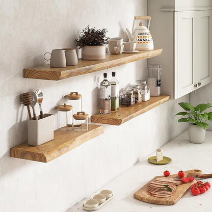 Live Edge Elm Floating Shelves for Wall Decor, Rustic Solid Wood Shevles Wall Mounted with Invisible Bracket for Living Room Bathroom Bedroom Kitchen, 24 Inch Set of 2, Natural