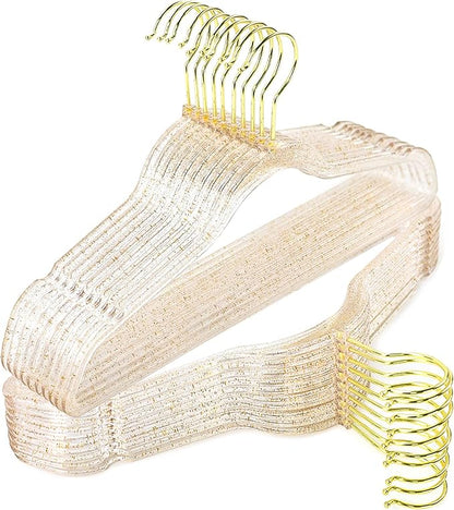 Sishynio Clear Plastic Hangers Premium - 20 Pack Non-Slip Slim Glitter Hangers for Closet Organization, Space Saving Clothes Hangers with 360°Swivel Hook for Wedding, Home, Dorm