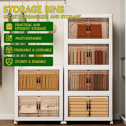 Vavkorkula Storage Bins with Lids and Wheels, 220QT-110QT*2Tier Collapsible Bathroom Storage Cabinet with Clear Doors, Plastic Stackable Closet Organizers and Containers White