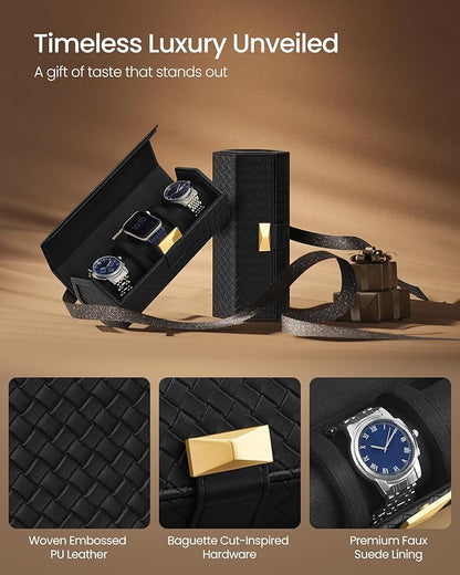 SONGMICS RONNE Collection - 3 Watch Travel Case, Hexagon Watch Roll, Woven Embossed PU Leather, Watch Organizer with Hidden Storage, 3.9 x 8.3 x 3.4 Inches, Gift Idea, Ink Black UJWB027B01