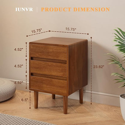Nightstand with 3 Drawers Narrow Night Stand Solid Wood Bedside Table Mid Century Modern Nightstand Wooden End Table for Bedroom, Living Room, Study, Office