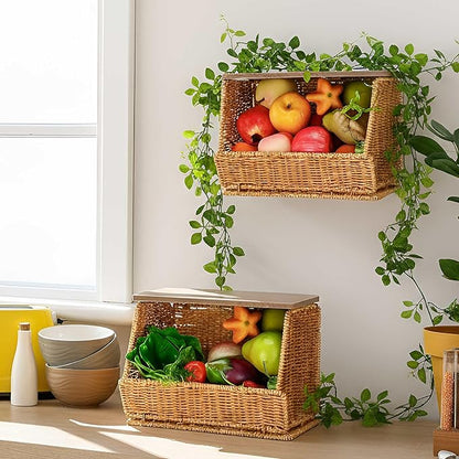 2 Tier Fruit Basket for Kitchen Counter Stackable Wall Mounted Hanging Basket Wicker Hanging Baskets with Wood Lid for Onion Fruit Vegetable Storage