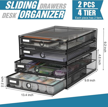 Zhanmai 2 Pack Black Desk Organizer with Drawer Total Wire Mesh Storage Tray Multifunctional Paper Sorter File Stand for Home Office Supplies Letter A4 Paper Office Accessories Back to School (2 Tier)