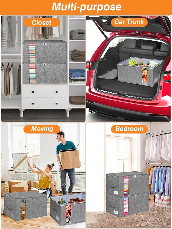 boailydi 60L Blanket/Comforter Storage Bag w/Rigid Side & Bottom Support, Stackable Clothes Storage Bin for Sweaters Bedding Sets Quilts Pillows, Closet Organizer, 21.7x14.2x11.8in, 2 Pack, Gray