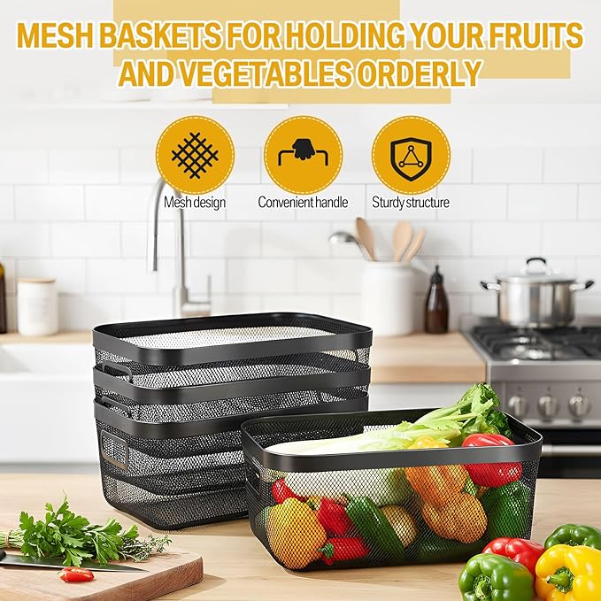 4 Pack Metal Mesh Basket with Hollow Handles Black Wire Storage Bin for Organizing Stackable Metal Fine Mesh Basket for Pantry Bathroom Kitchen Cabinets Shelves (X-Large)