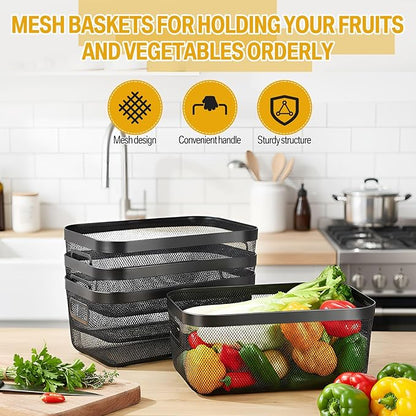 4 Pack Metal Mesh Basket with Hollow Handles Black Wire Storage Bin for Organizing Stackable Metal Fine Mesh Basket for Pantry Bathroom Kitchen Cabinets Shelves (X-Large)