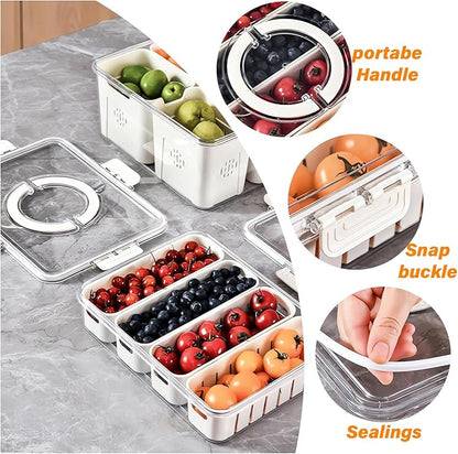 YFUIF 2 Pcs Portable Picnic Parties Fruit Tray, Fridge Food Veggie Condiment Divided Serving Preservation Storage Containers, Kitchen Clear Snackle Box Candy Organizer with Lid Handle