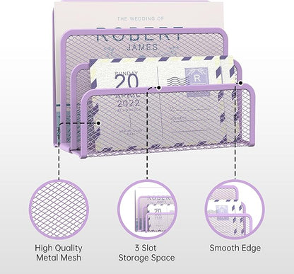 SUPEASY Mail Organizer for Desk, Mesh Metal Mail Holder Countertop with 3-Slot, Letter Sorter File Holder, Office Envelope Organizer for Mails (Purple)