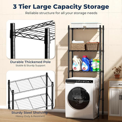 Laundry Room Storage Shelf & Organizer, 3 Tier Over Metal Washer and Dryer Shelves, Washing Machine Shelf, Adjustable Height & Feet, Bathroom Space Saver Shelf, 23.6" L x 13.8" W x 63.2" H, Black