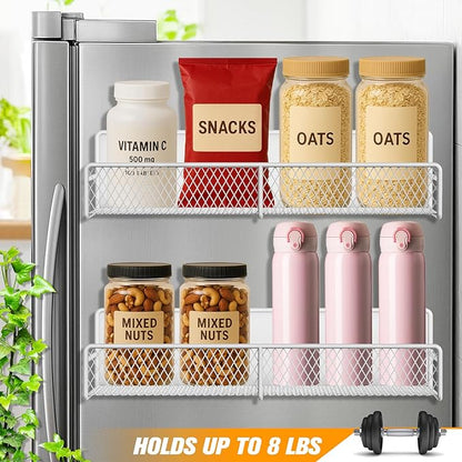 Magnetic Spice Rack for Refrigerator, 2 Pack Magnetic Shelf for Fridge with 4 Hooks, Black Magnetic Shelves, Organization and Storage Kitchen, Magnet Shelf for Fridge, Cabinet Organization