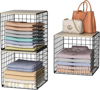 3PCS Stackable Closet Organizers and Storage, Shelves with Wood Top Extra Storage, Clothes Organizer Basket, Bin, or Tube for Wardrobe and Home Organization (Black-Sturdy Metal) Patent Pending
