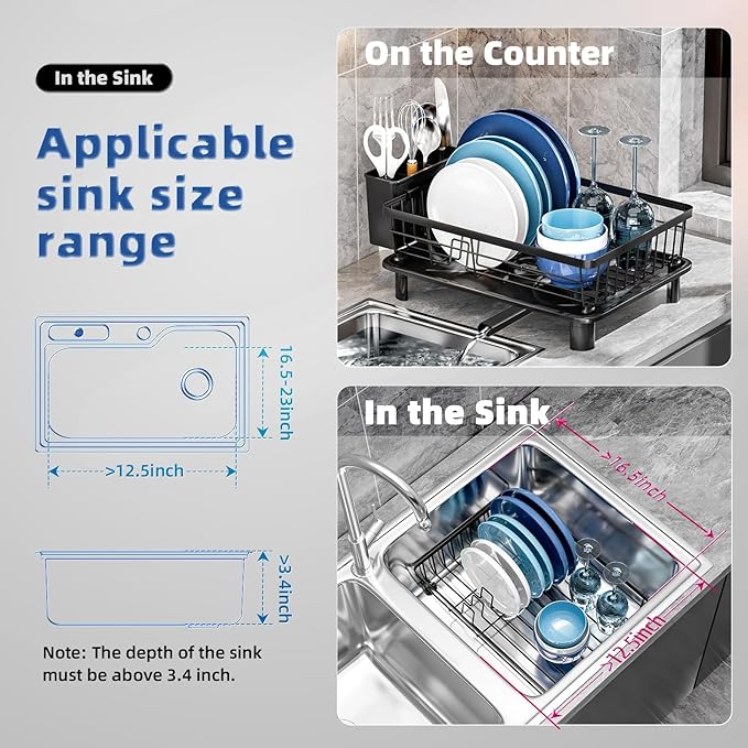 GAOKASE Dish Drying Rack, Stainless Steel Space-Saving Dish Rack, Dish Racks for Kitchen Counter, Kitchen Dish Drainers with Removable Utensil Holder,New Drain Outlet,Plate Rack and Drainboard, Black