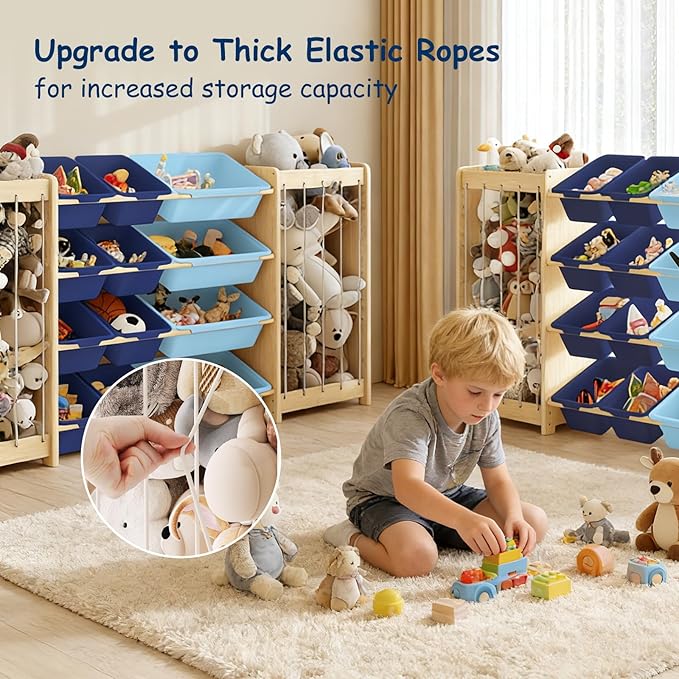 Large Toy Storage Organizer, Wooden Stuffed Animal Storage & 12-Bins Toy Organizer, Double-Sided Plush Toy Holder Featuring Thicker Ropes, Space Save Playroom Nursery Bedroom Storage, Blue