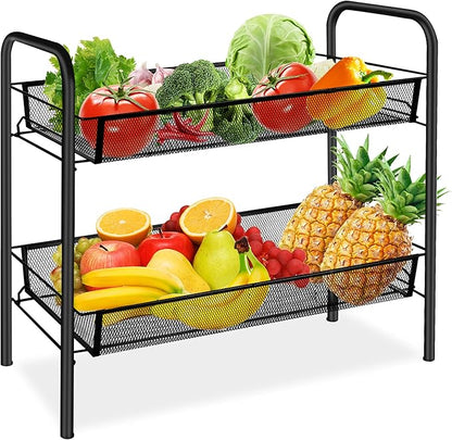 CVHOMEDECO. 2 Tier Fruit Basket Large Capacity Rectangular Metal Fruit Bowl Detachable Metal Fruit Stands Organizer for Kitchen Counter, Bread, Vegetable, Snack and Fruits. Black