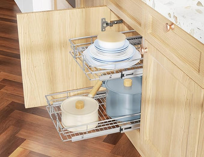 LOVMOR Individual Pull Out Cabinet Organizer, 2 Tier Slide Out Cabinet Drawers, Pots and Pans Organizer and Storage Pantry Shelf for Kitchen (15½" W x 21½" D)