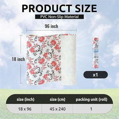 FIFTY FEET 18X96 Inch Shelf Liner for Kitchen Cabinets, PVC Drawer Liner for Dresser Non-Slip Bathroom, Non-Adhesive Cabinet Liner Washable (Red Floral)(1 Roll)