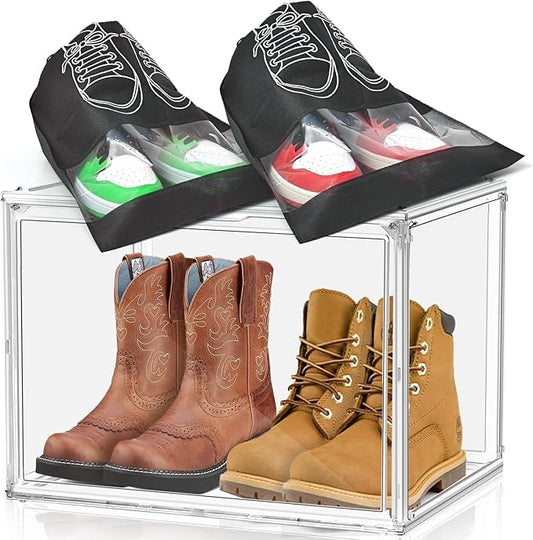 DAYOOH XXX-Large Acrylic Display Case, Clear Shoe Storage Boxes Stackable Shoe Organizer with 2 Shoe Bags Boots Shoe Rack for Closet Sneaker Handbag Collectibles Organizer with Magnetic Door, 1 Pack