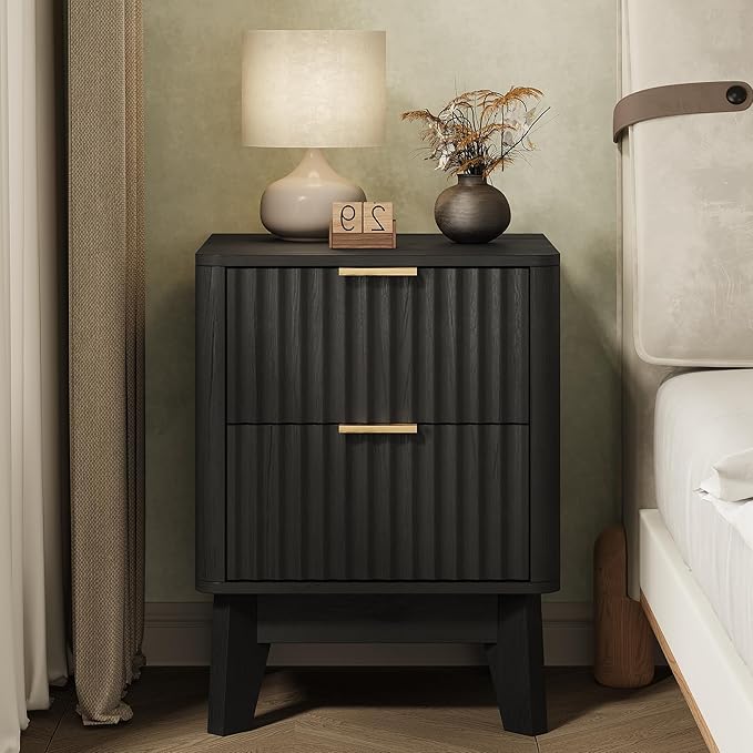 TROJM Fluted Nightstand,Modern End Table with Metal Handle,2 Storage Drawers Side Table,Bedside Table for Bedroom,Wood Nightstands,Curved Profile Design Furnitue,Black