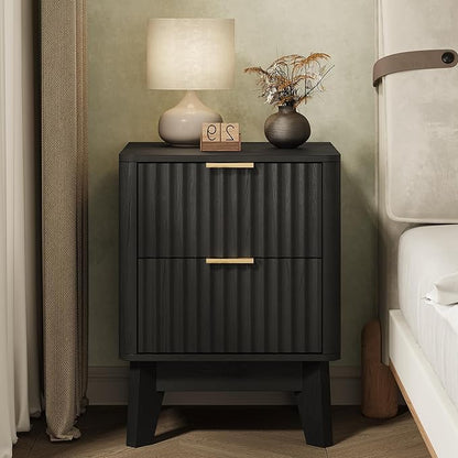 TROJM Fluted Nightstand,Modern End Table with Metal Handle,2 Storage Drawers Side Table,Bedside Table for Bedroom,Wood Nightstands,Curved Profile Design Furnitue,Black