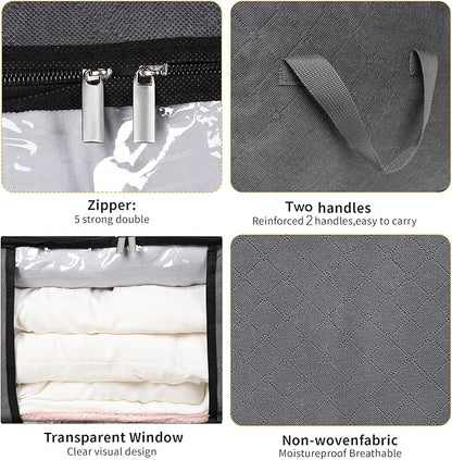 3 Pack Storage Bags, 45L Foldable Clothes Storage Bins with Lids, Closet Organizers Blanket Storage Bags with Zippers Clear Window Sturdy Handles for Clothing Bedding Comforter Sweater Pillows (Gray)