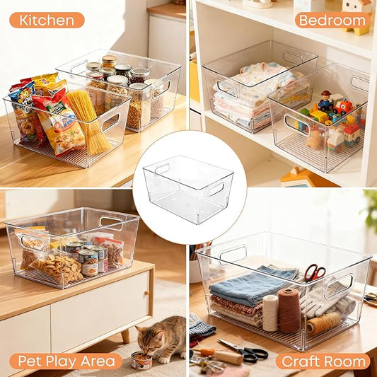 MOONEDGE Large Clear Plastic Storage Bins 8 Pack, 12" x 8" x 6" Durable Organizers for Pantry, Kitchen, Garage, Closet, Laundry Room & Office, Food Safe, Easy to Clean, Complete Home Storage Solution