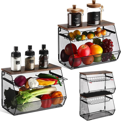 2 Pcs Stackable Fruit Basket with Lid for Kitchen Counter Storage Basket with Drawer Mesh Wall Hanging Wire Baskets with Lid Metal Vegetable Container for Kitchen 13.8 x 8.3 x 9.8''(Black)
