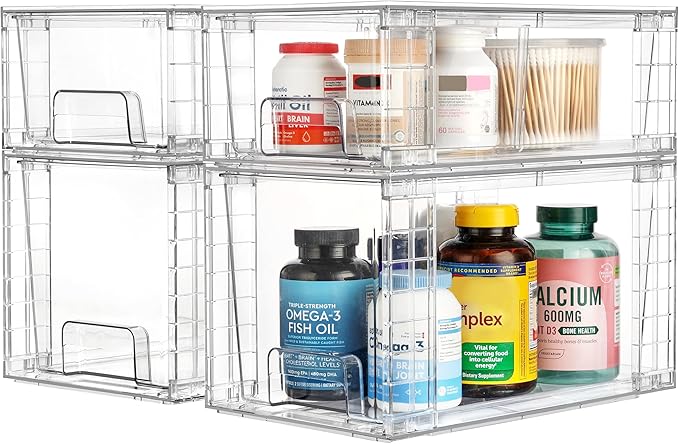 Vtopmart 8 Pack Clear Stackable Storage Drawers,Easy to Assemble Bathroom Organizers and Storage with handles,Plastic Drawers for Kitchen Pantry,Cabinet,Under Sink Organization