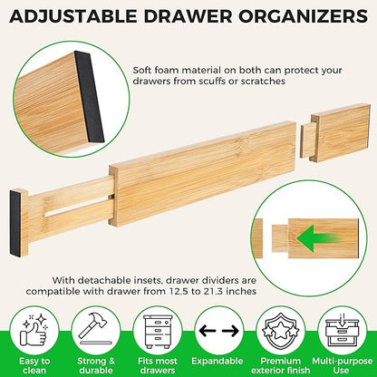 4 Pack Bamboo Drawer Dividers Organizer with Inserts 2.6'' High, Expandable from 12.5-21.7", Adjustable Drawer Organizer Separators for Utensils, Clothing, Office, Dresser, Bedroom, (Beige)