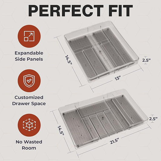 Masirs Expandable Utensil Drawer Organizer - BPA-Free Plastic Clear Silverware Tray with Multiple Compartments - Non-Slip Cutlery Storage for Kitchen, Bathroom, or Office Drawers (Grey)