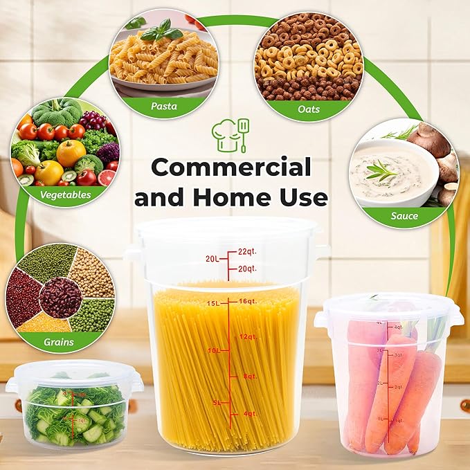 BIEAMA 4 Pack Round Food Storage Containers with Lids, 12Qt Translucent Commercial Food Container, Polypropylene, BPA Free, Includes Labels & Measuring Cups