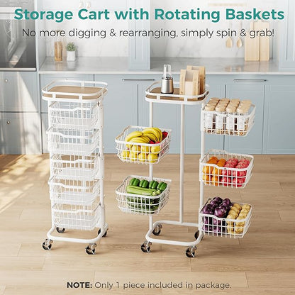 5 Tier Kitchen Fruit Vegetable Storage Cart with Rotating Basket, Rolling Rack Shelf Organizer Floor Stand on Wheel for Snack Spice Produce Veggie Onion Potato Bin, Vianderos Para Cocina, White